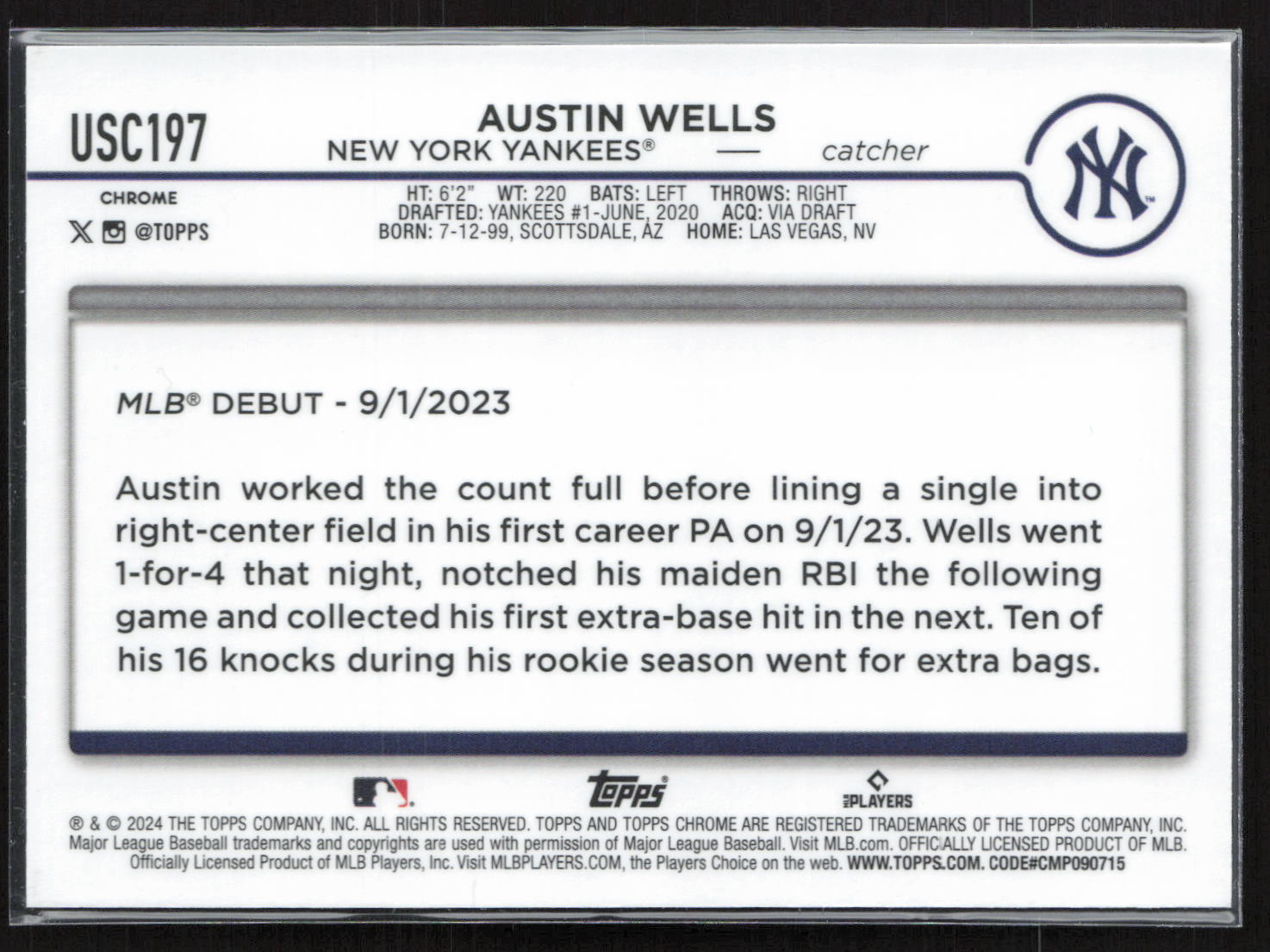 2024 Topps Chrome Austin Wells #USC197 Checkerboard Refractor RC