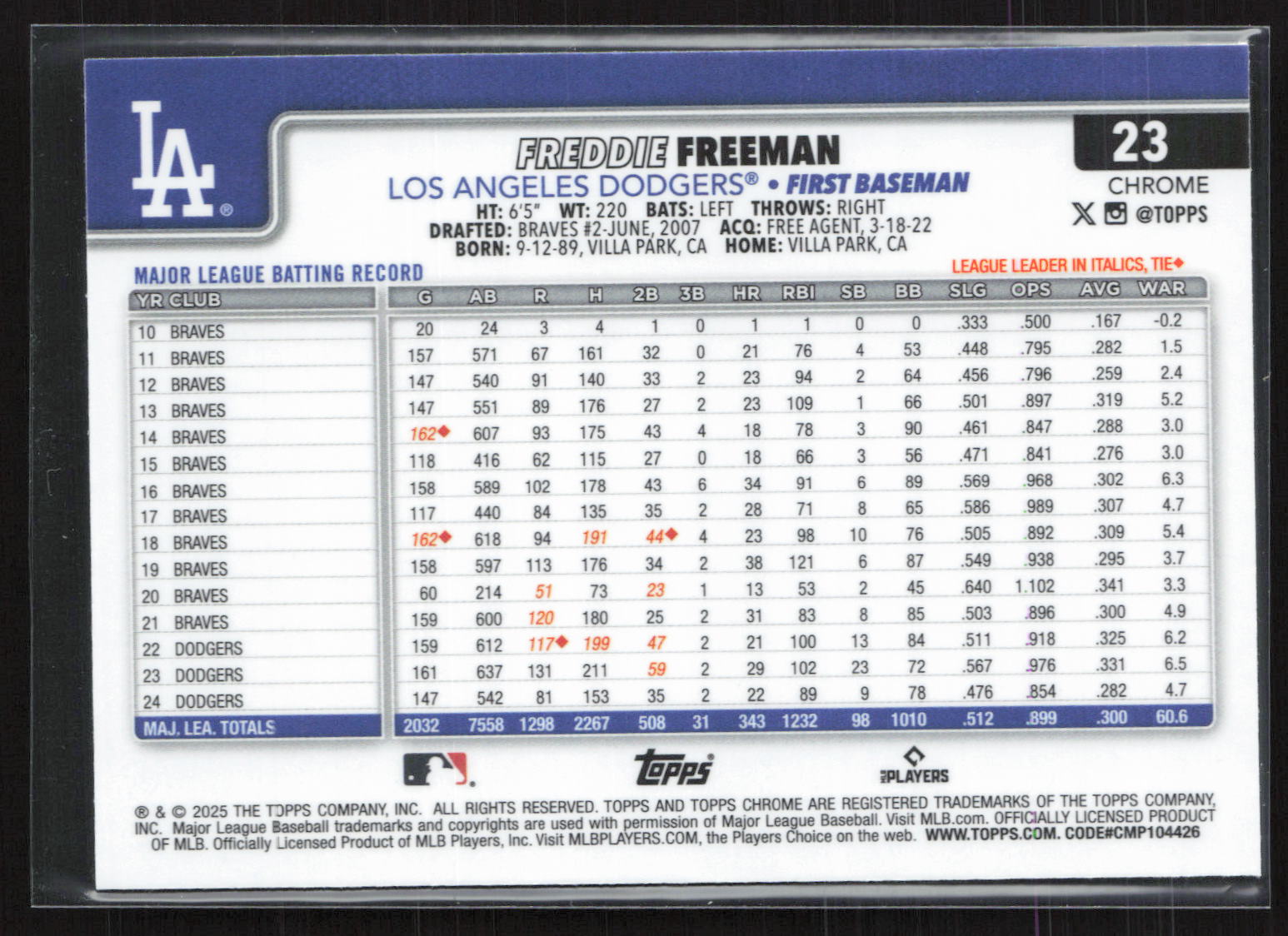 2023 Topps Chrome Freddie Freeman #23 Sepia