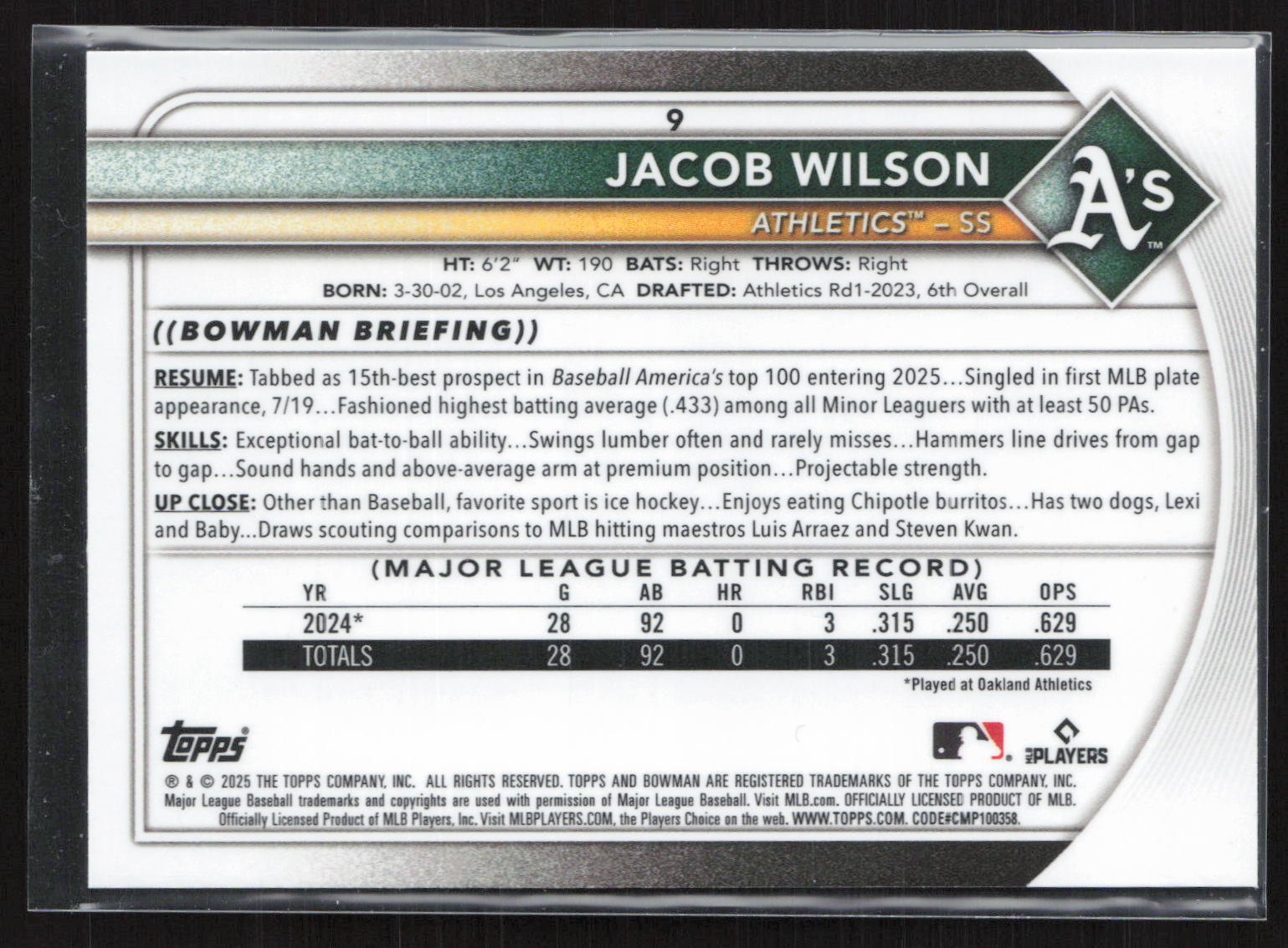 2025 Bowman Chrome Jacob Wilson #9 Red Rookie RC