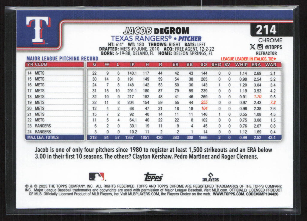 2025 Topps Chrome Jacob deGrom #214 Refractor
