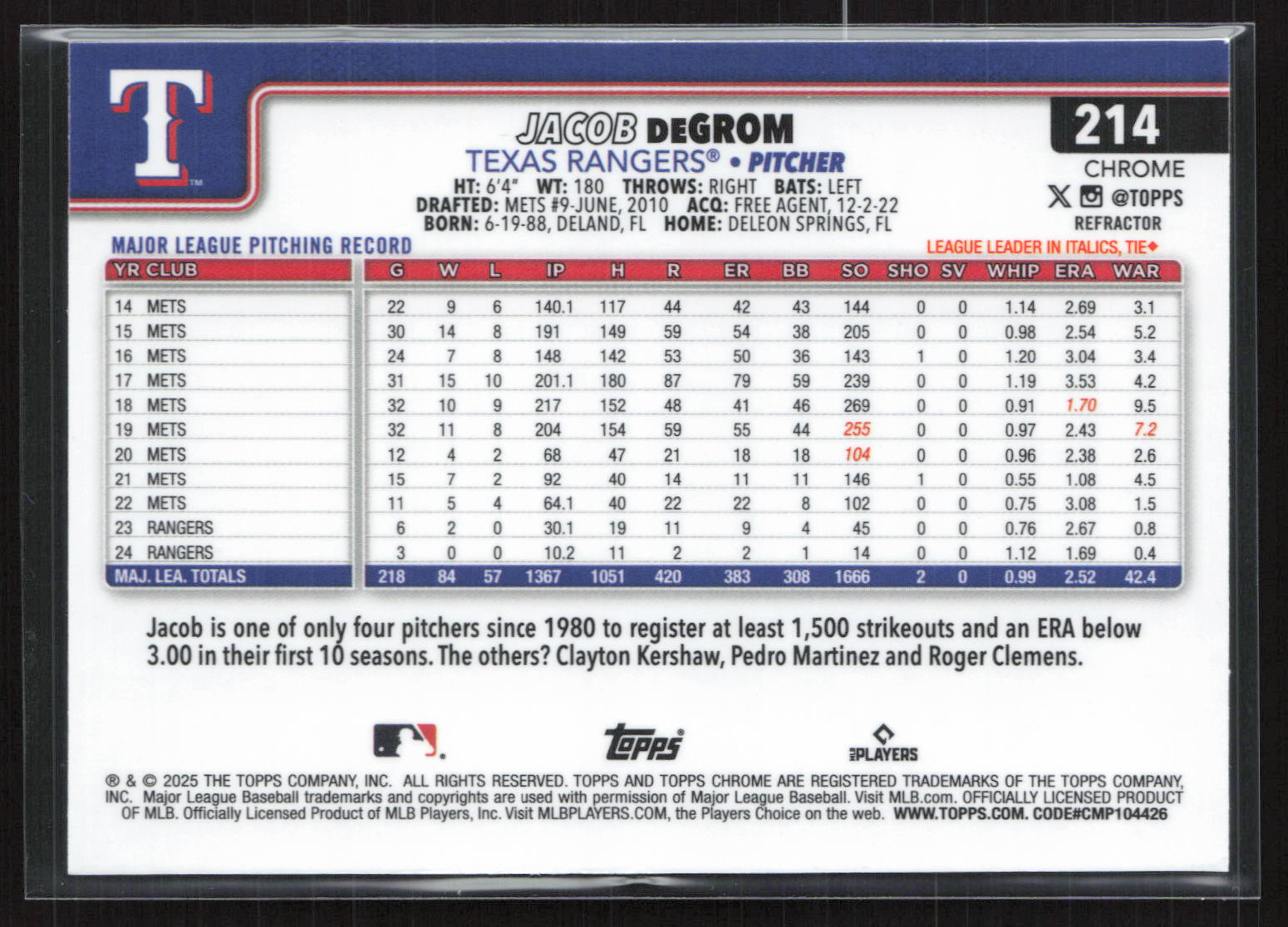 2025 Topps Chrome Jacob deGrom #214 Refractor