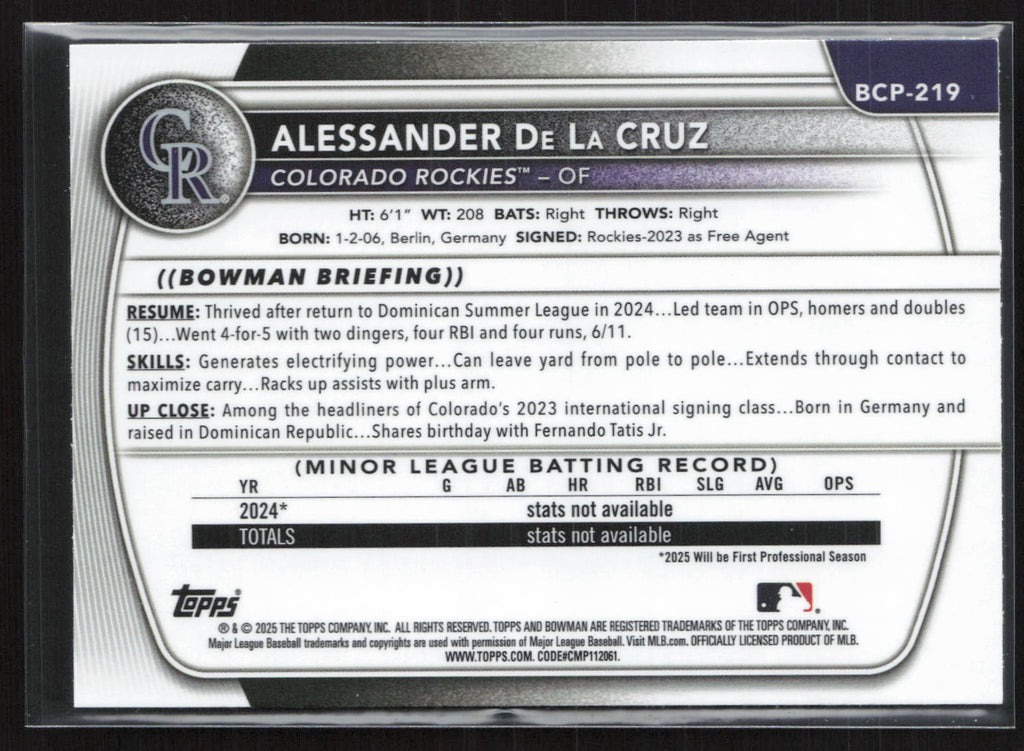 2025 Bowman Chrome Alessander De La Cruz #BCP-219