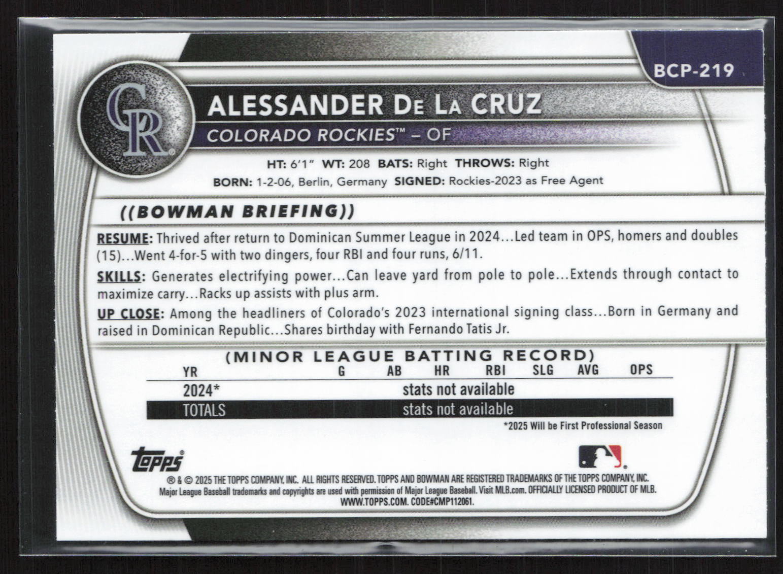 2025 Bowman Chrome Alessander De La Cruz #BCP-219