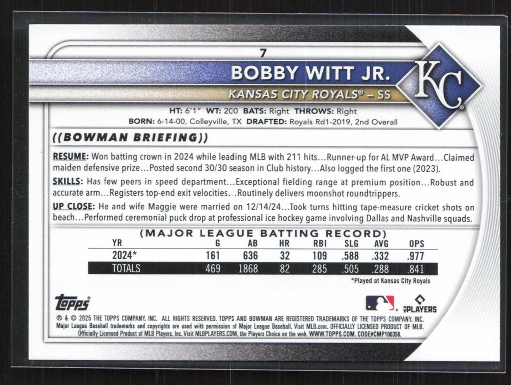 2025 Topps Bowman Bobby Witt Jr. #7 Fuchsia /299