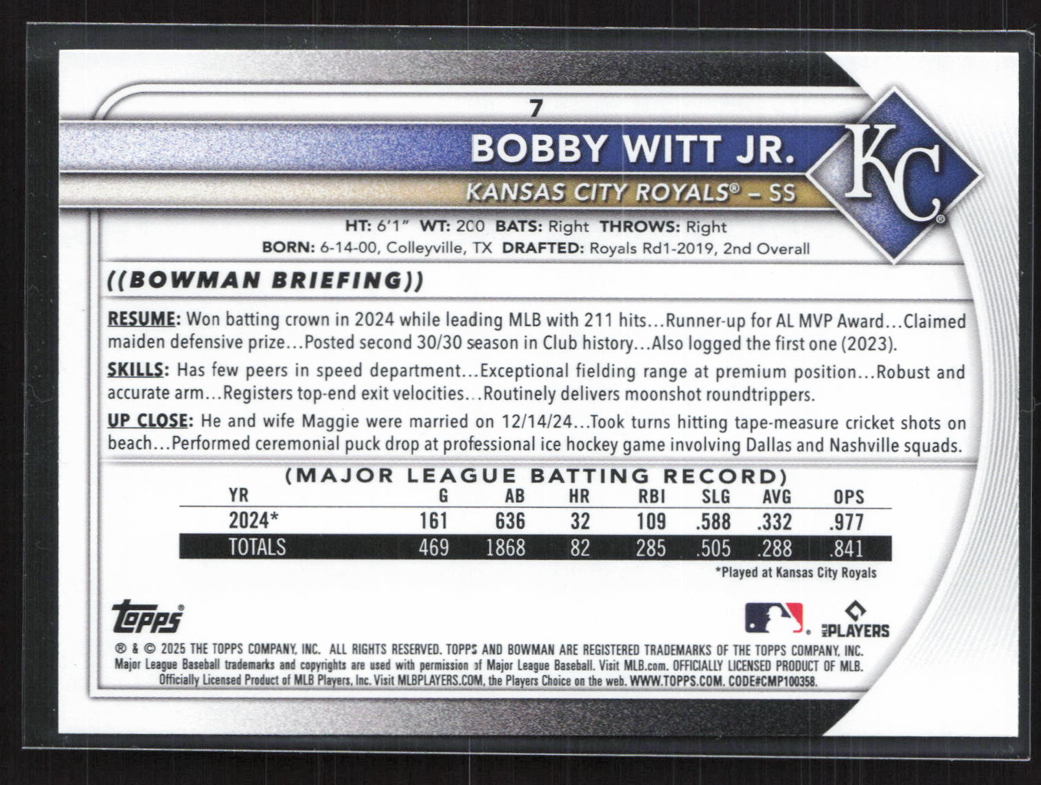 2025 Topps Bowman Bobby Witt Jr. #7 Fuchsia /299