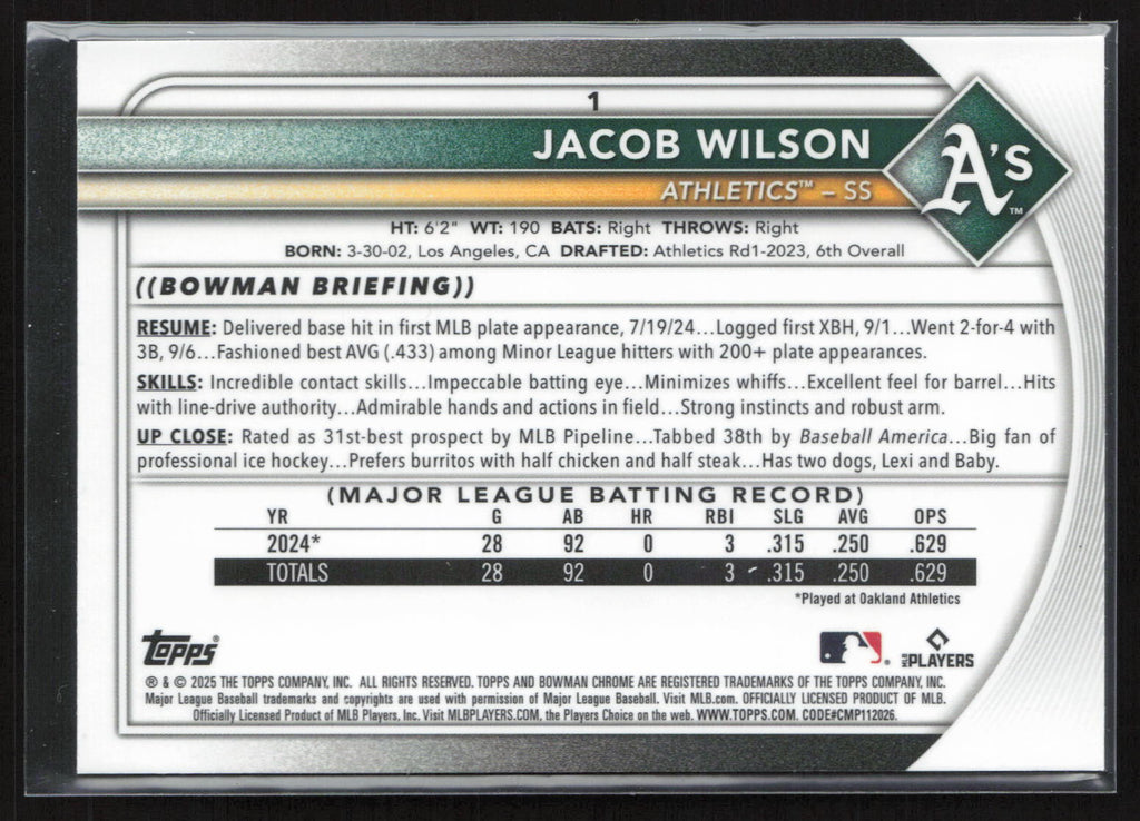 2025 Topps Bowman Chrome Jacob Wilson #1 RC