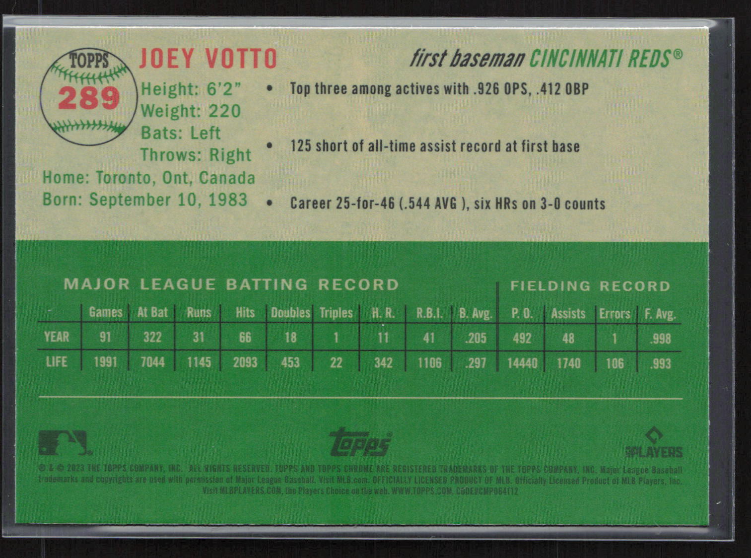 2023 Topps Chrome Joey Votto #289 Refractor