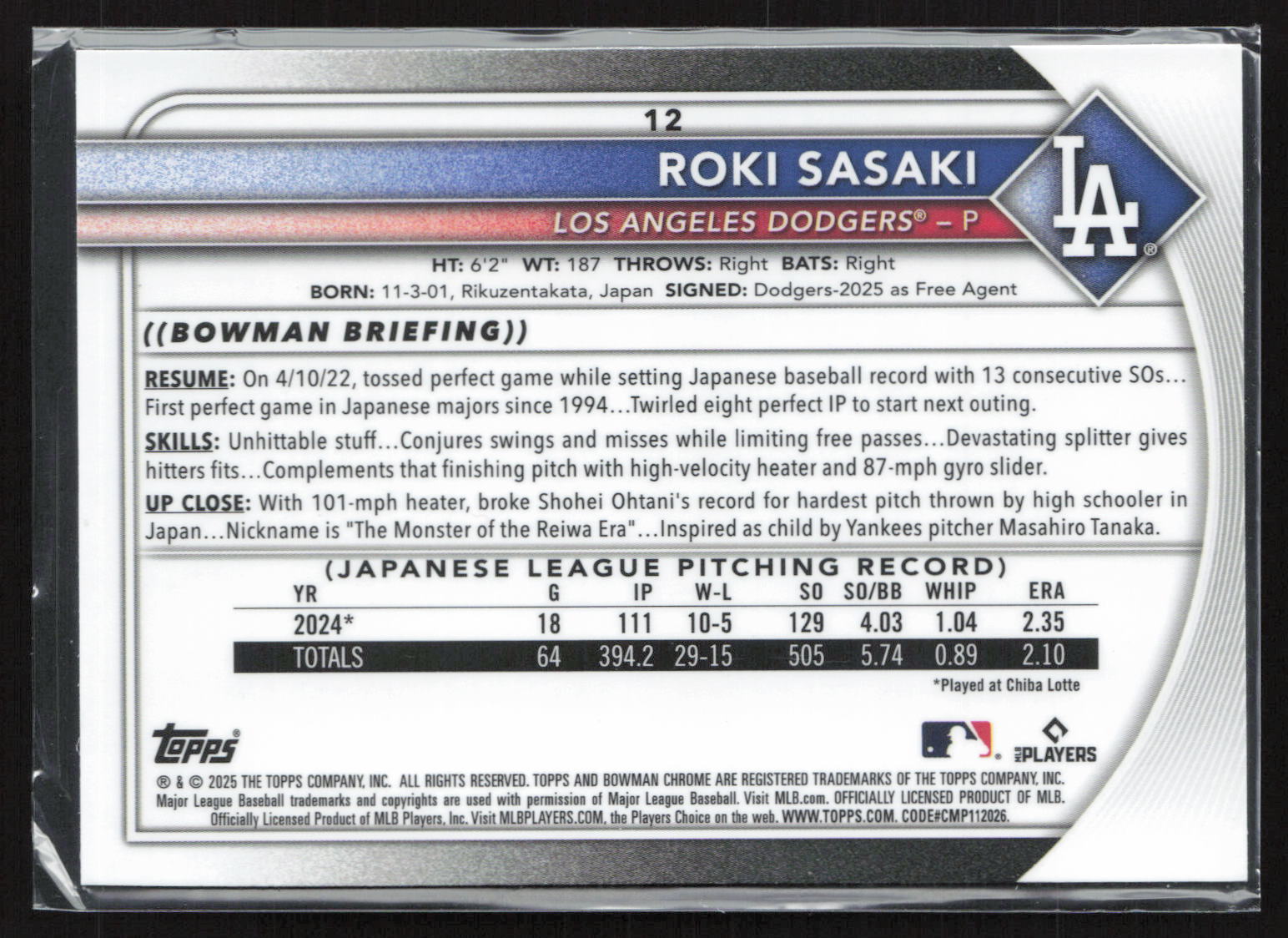 2025 Topps Bowman Chrome Roki Sasaki #12 RC