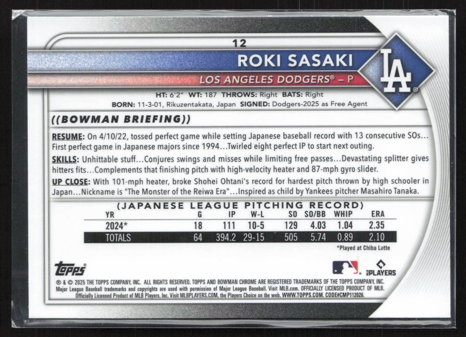 2025 Bowman Chrome Roki Sasaki #12 RC