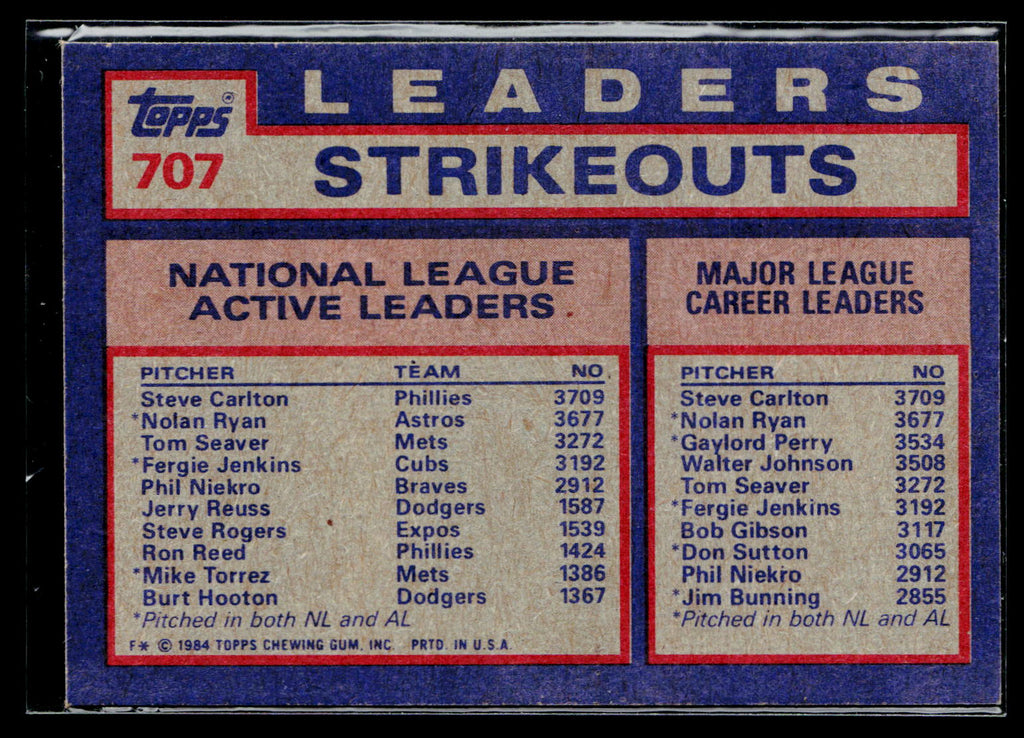 1984 Topps Steve Carlton Nolan Ryan Tom Seaver #707