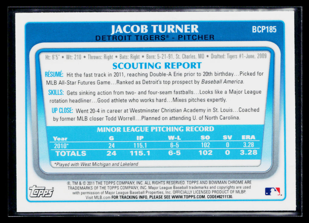 2011 Bowman Chrome Jacob Turner #BCP185 Green X-Fractor