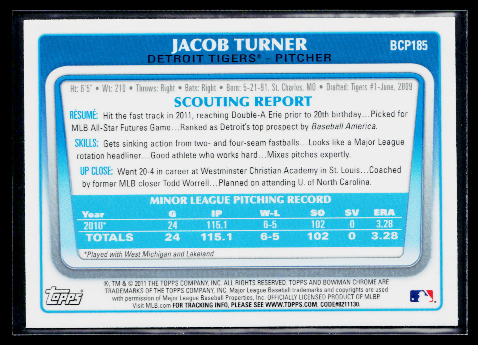 2011 Bowman Chrome Jacob Turner #BCP185 Green X-Fractor