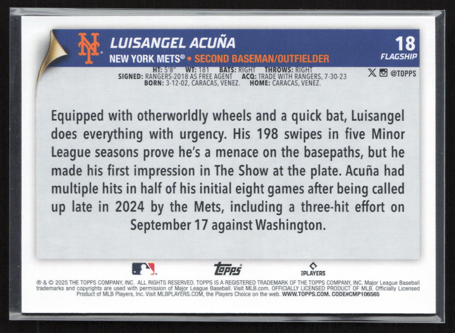 2025 Topps Flagship Luisangel Acuña #18 RC
