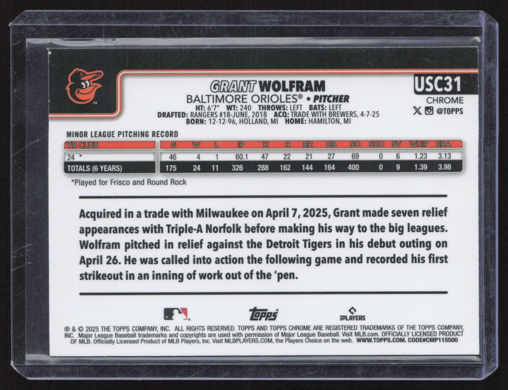 2025 Topps Chrome Grant Wolfram #USC31 Aqua /299 RC