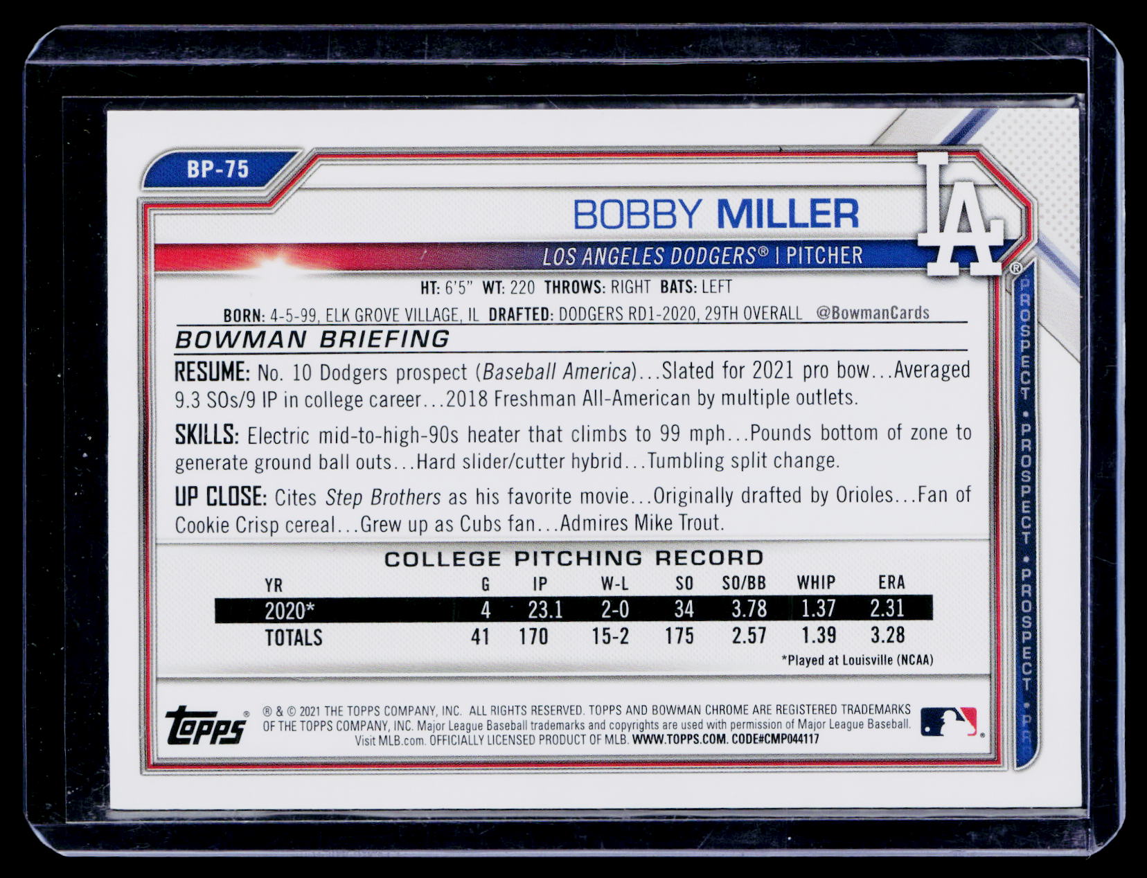 2021 Bowman Bobby Miller #BP-75 Sky Blue Paper /499