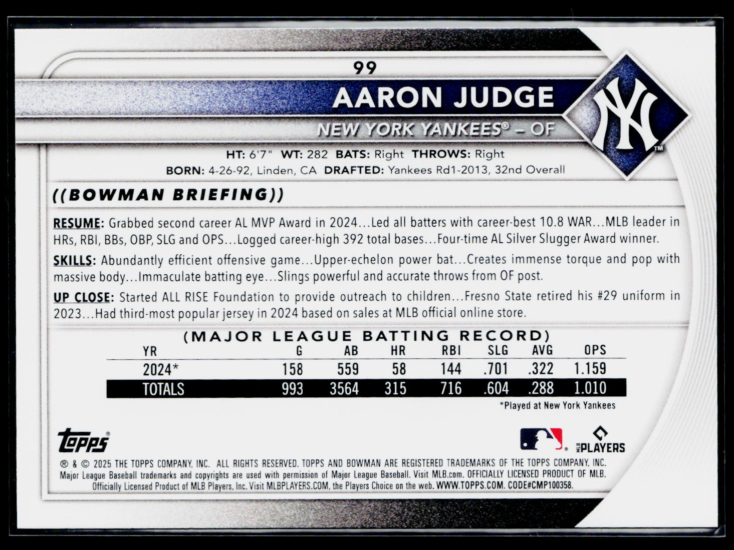 2025 Topps Bowman Aaron Judge #99
