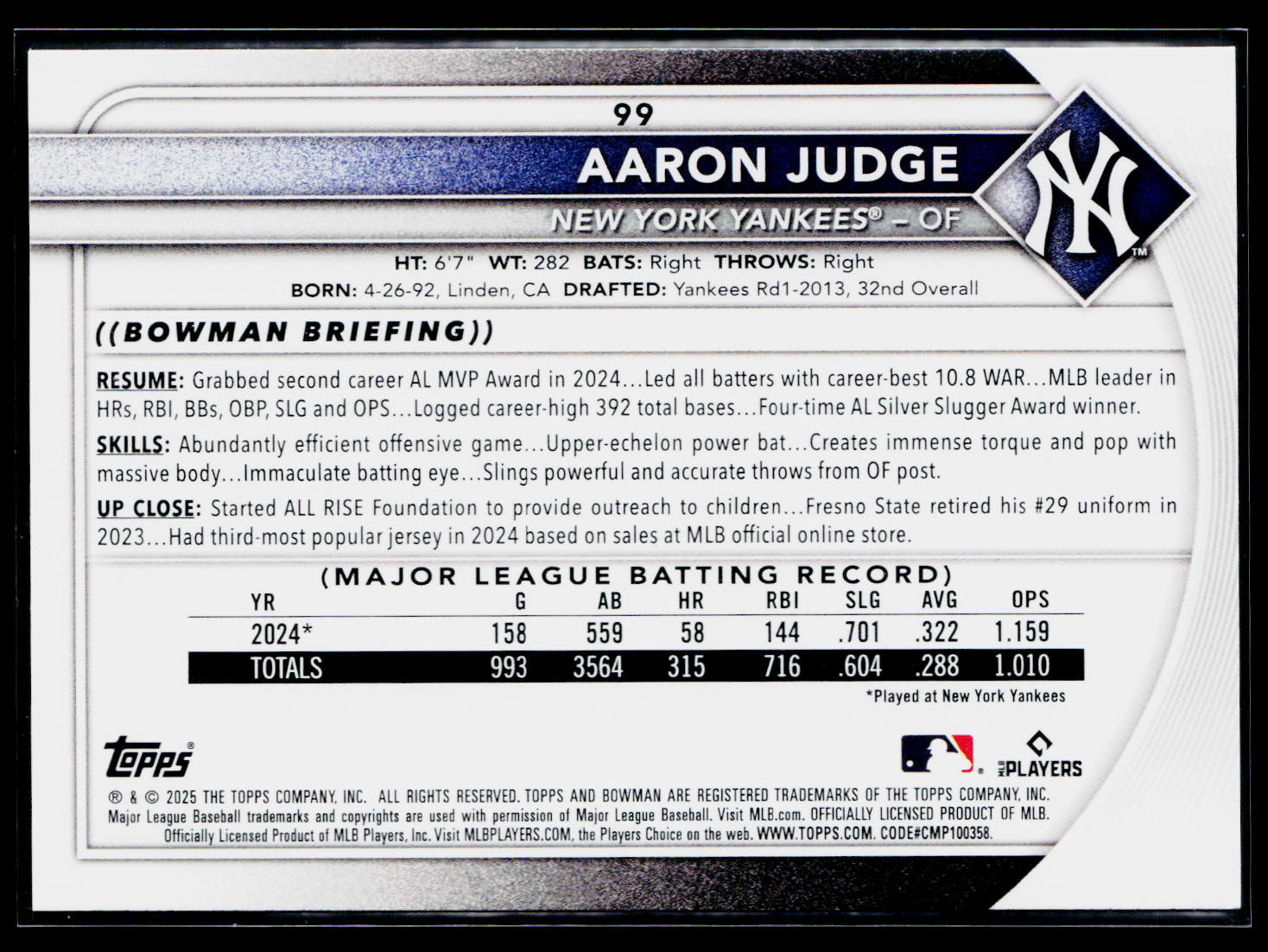 2025 Topps Bowman Aaron Judge #99