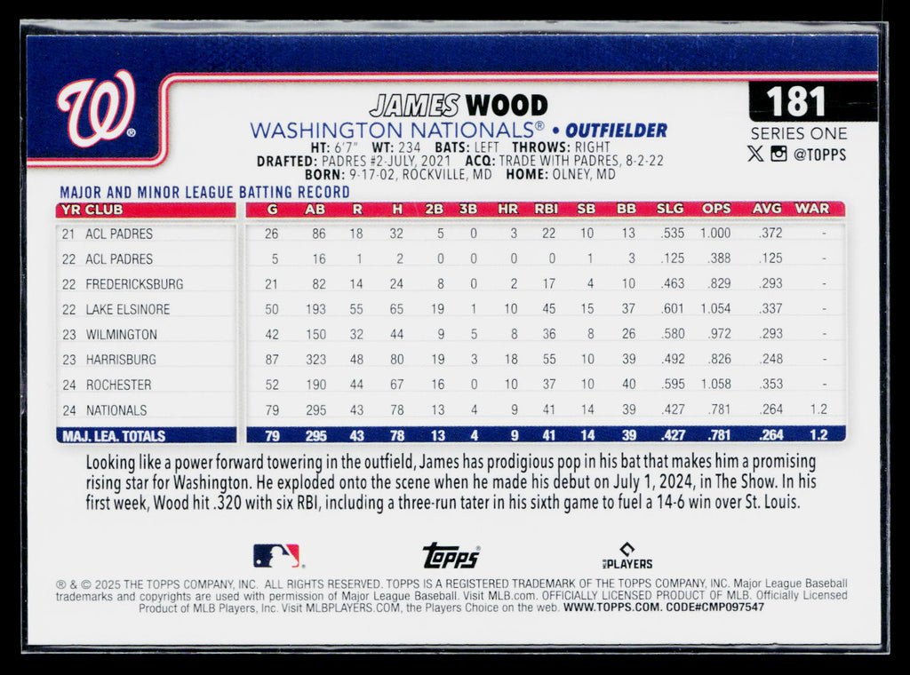 2025 Topps Series One James Wood #181 RC