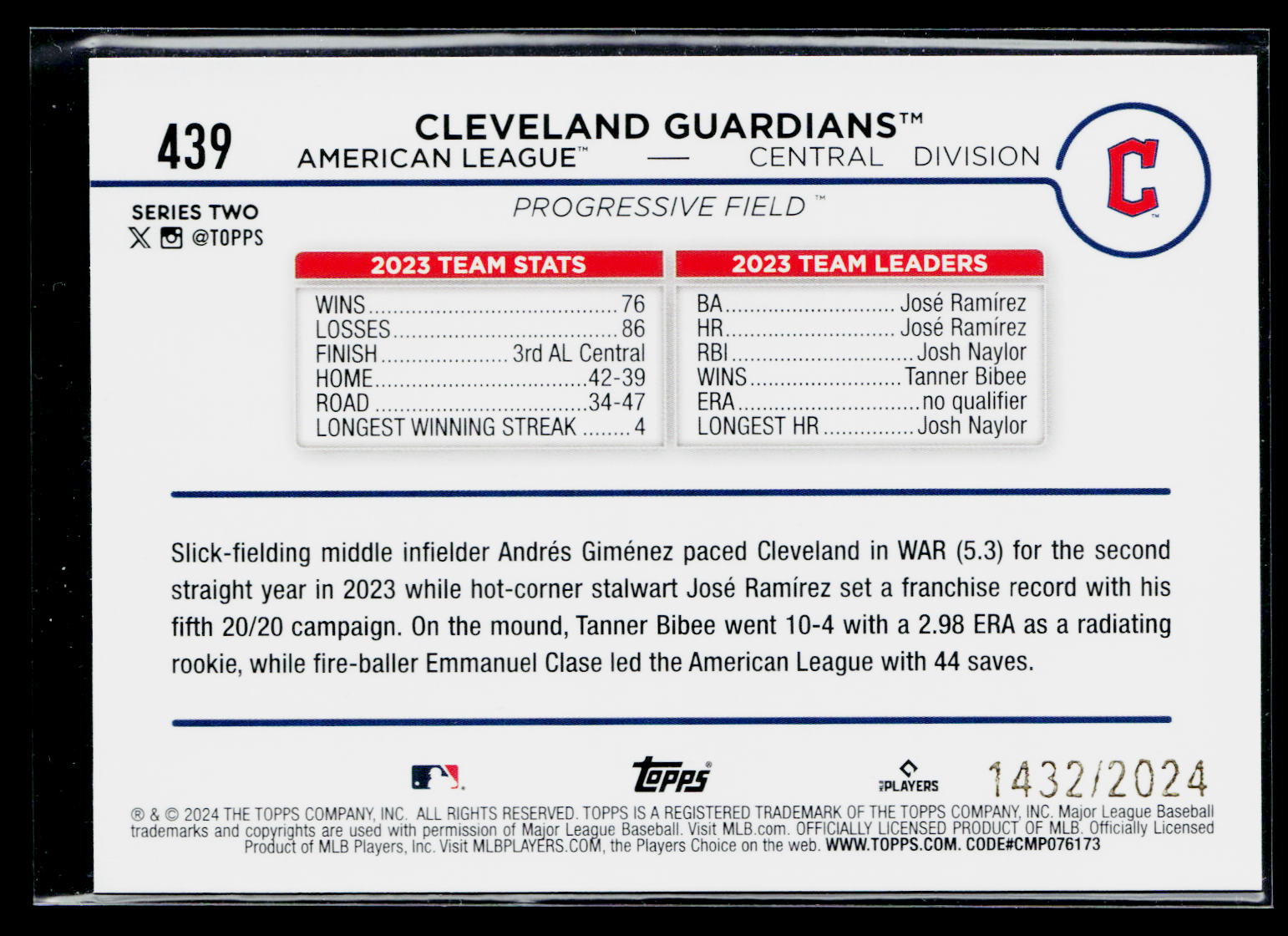 2024 Topps Series 2 José Ramírez Cleveland Guardians #439 Gold /2024