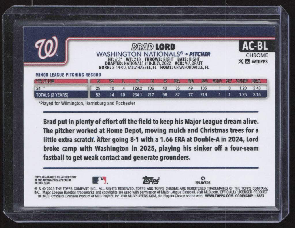2025 Topps Chrome Brad Lord #AC-BL RC