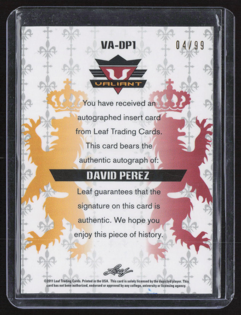2011 Leaf Valiant David Perez #VA-DP1 /99 Authentic Signature