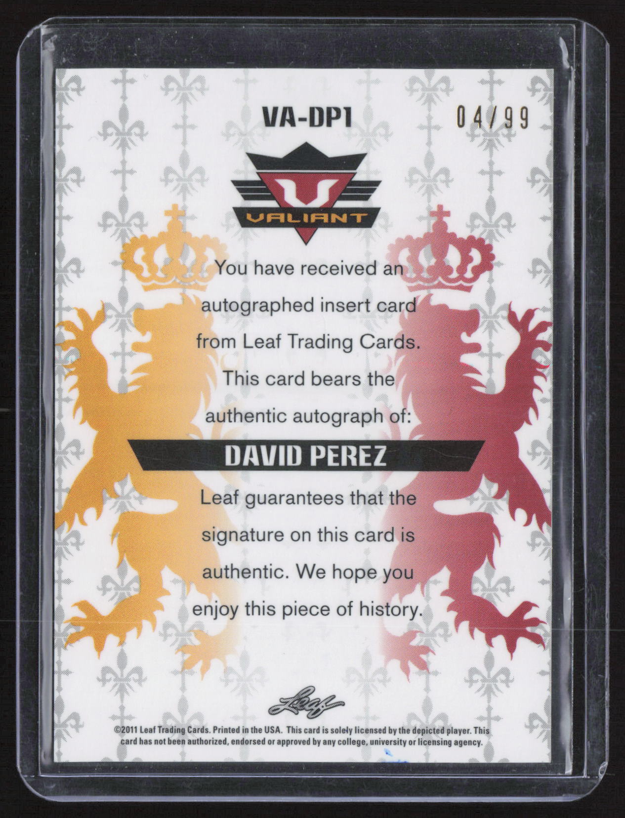 2011 Leaf Valiant David Perez #VA-DP1 /99 Authentic Signature
