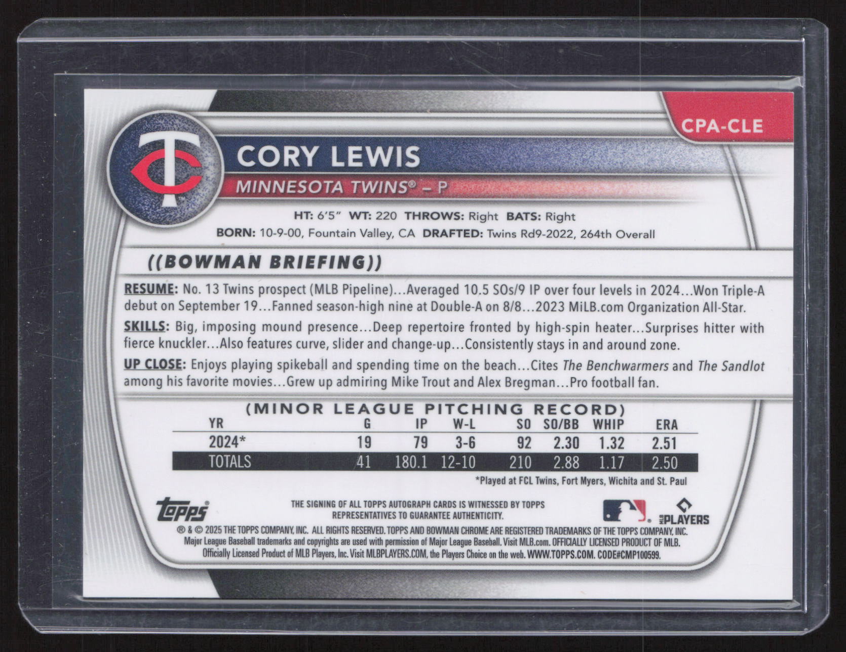 2025 Bowman Chrome Cory Lewis #CPA-CLE 1st Bowman