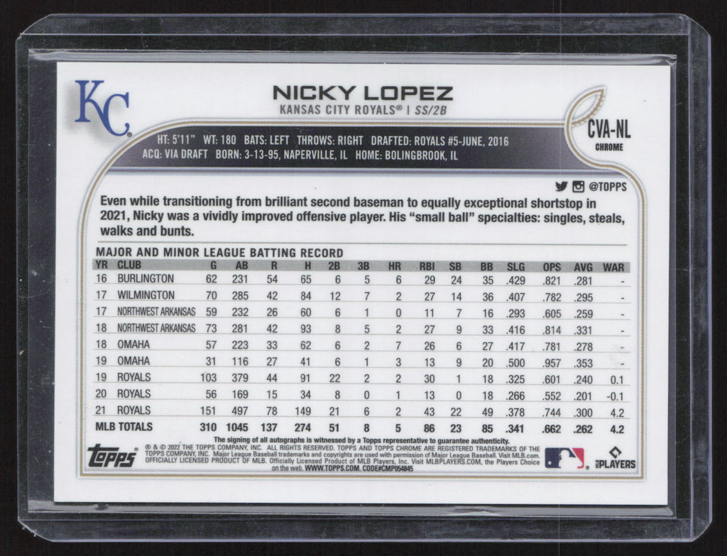 2022 Topps Chrome Nicky Lopez #CVA-NL Topps Certified Autograph Issue