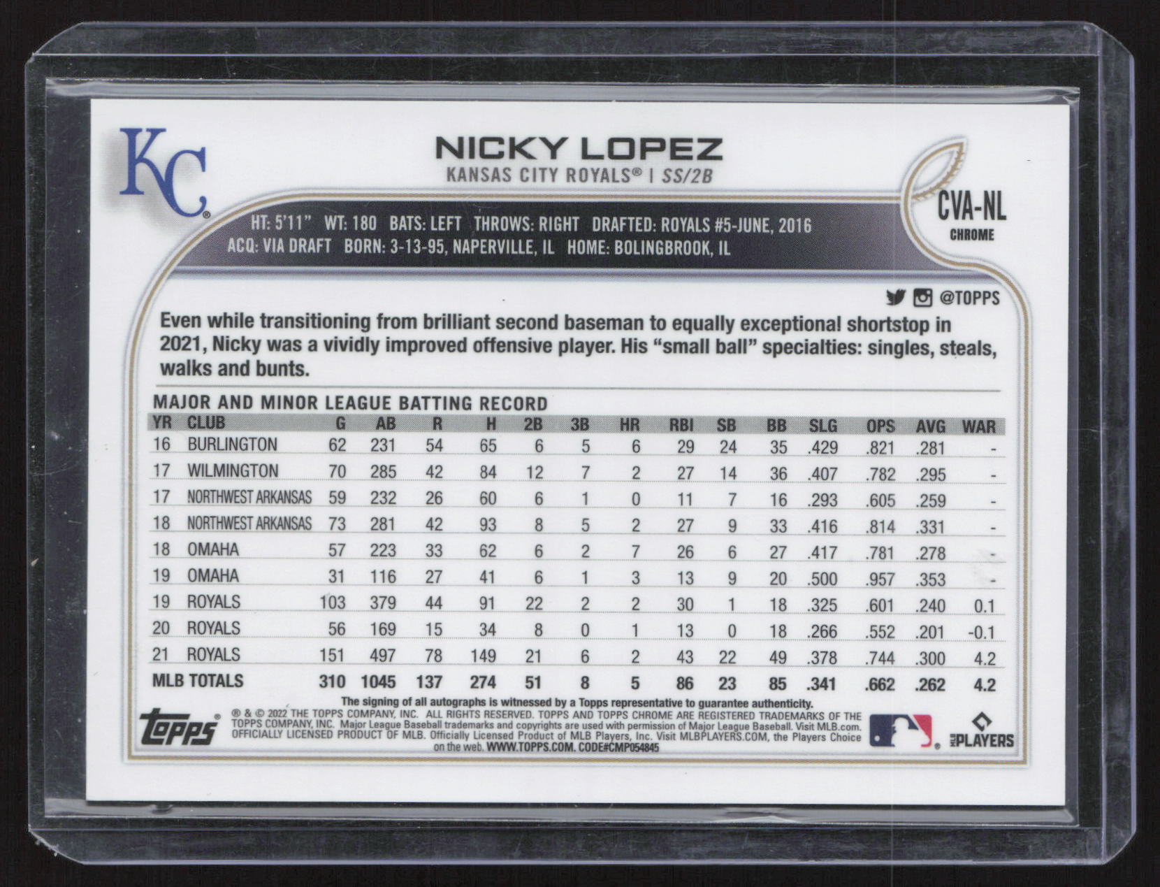 2022 Topps Chrome Nicky Lopez #CVA-NL Topps Certified Autograph Issue