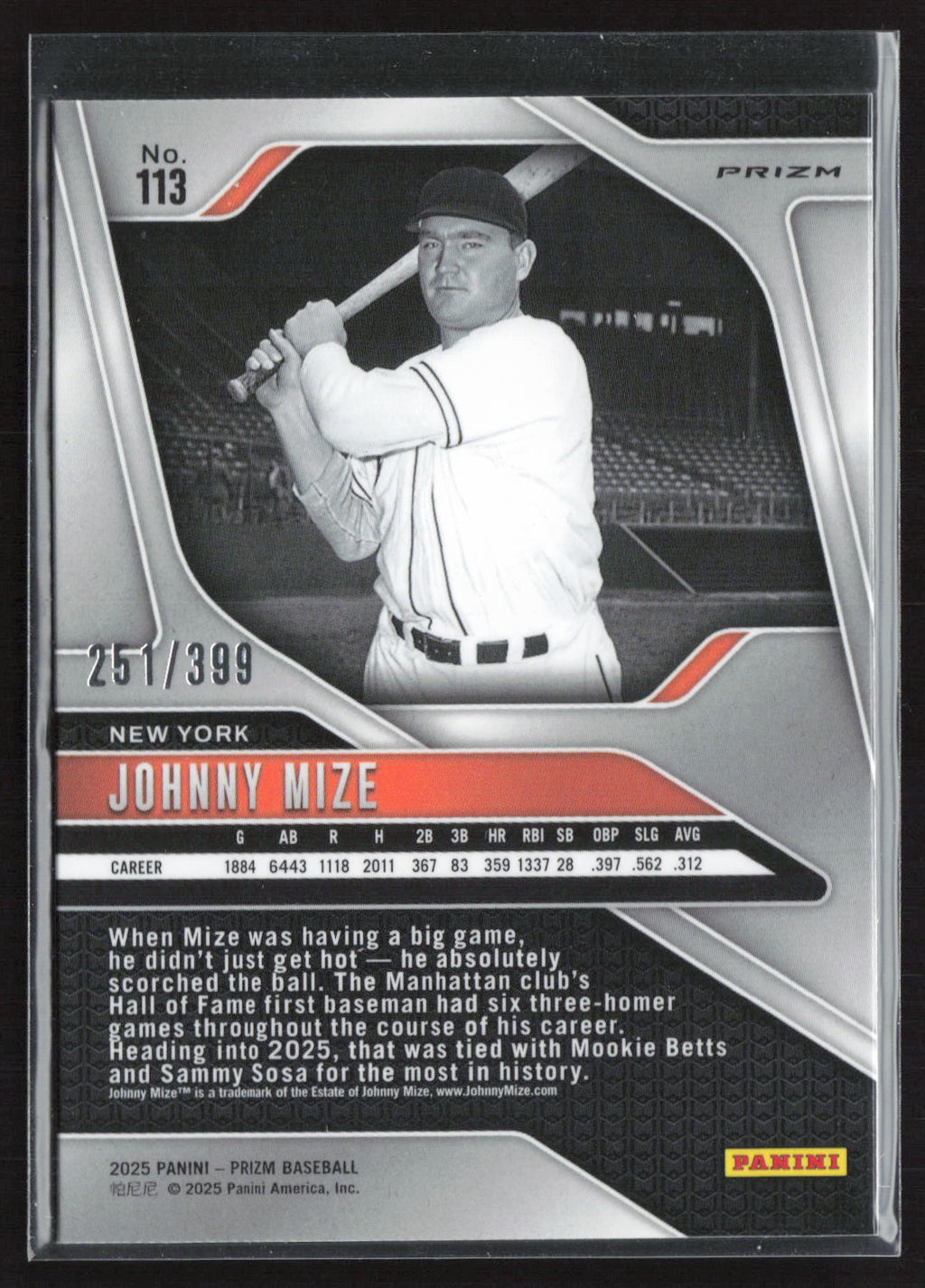 2025 Panini Prizm Baseball Johnny Mize #113 Orange /399