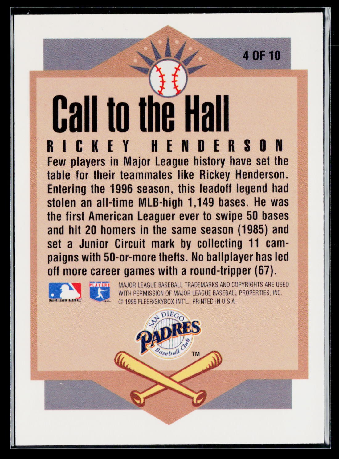 1996 Ultra #4 Rickey Henderson Call to the Hall