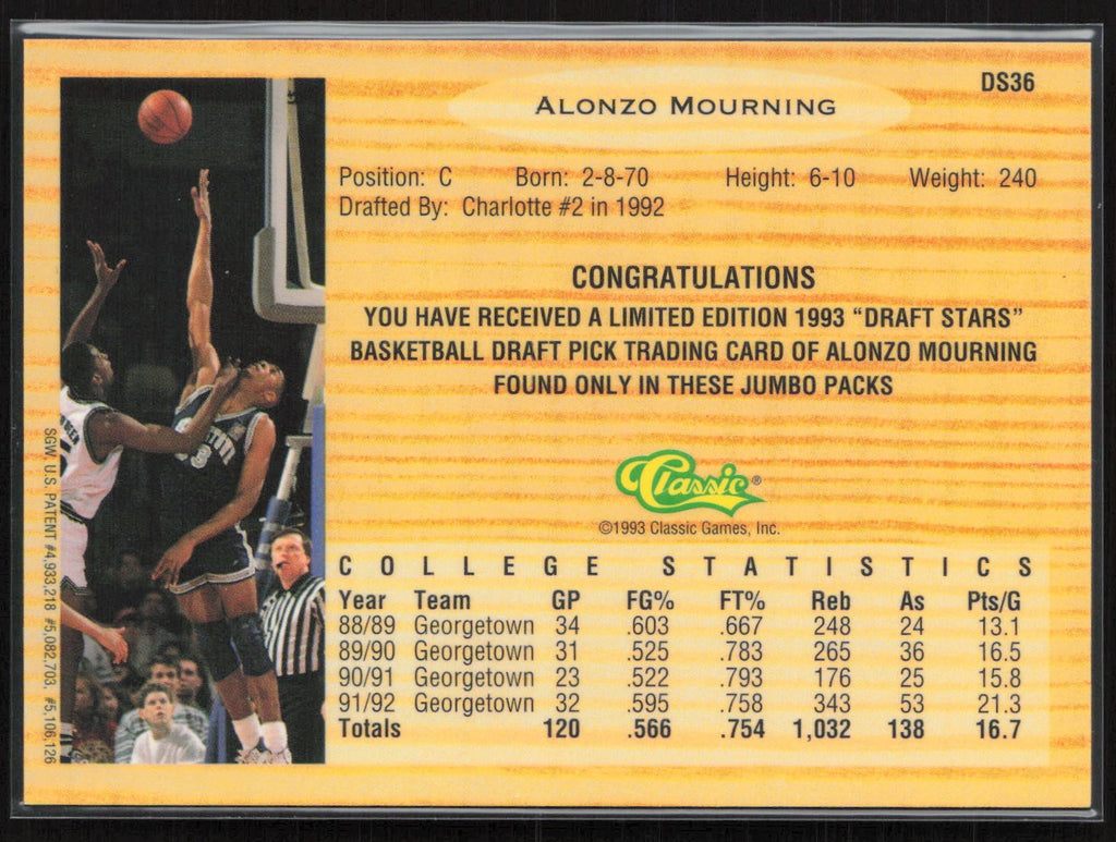1993 Classic Draft Picks #DS36 Alonzo Mourning Chromium Draft Stars