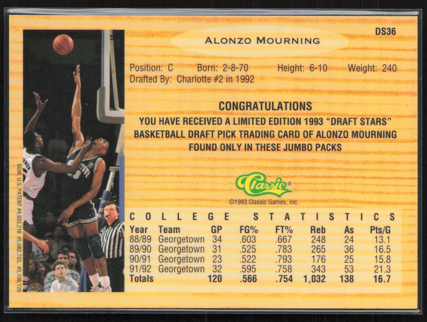 1993 Classic Draft Picks #DS36 Alonzo Mourning Chromium Draft Stars