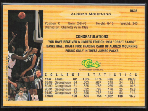 1993 Classic Draft Picks #DS36 Alonzo Mourning Chromium Draft Stars