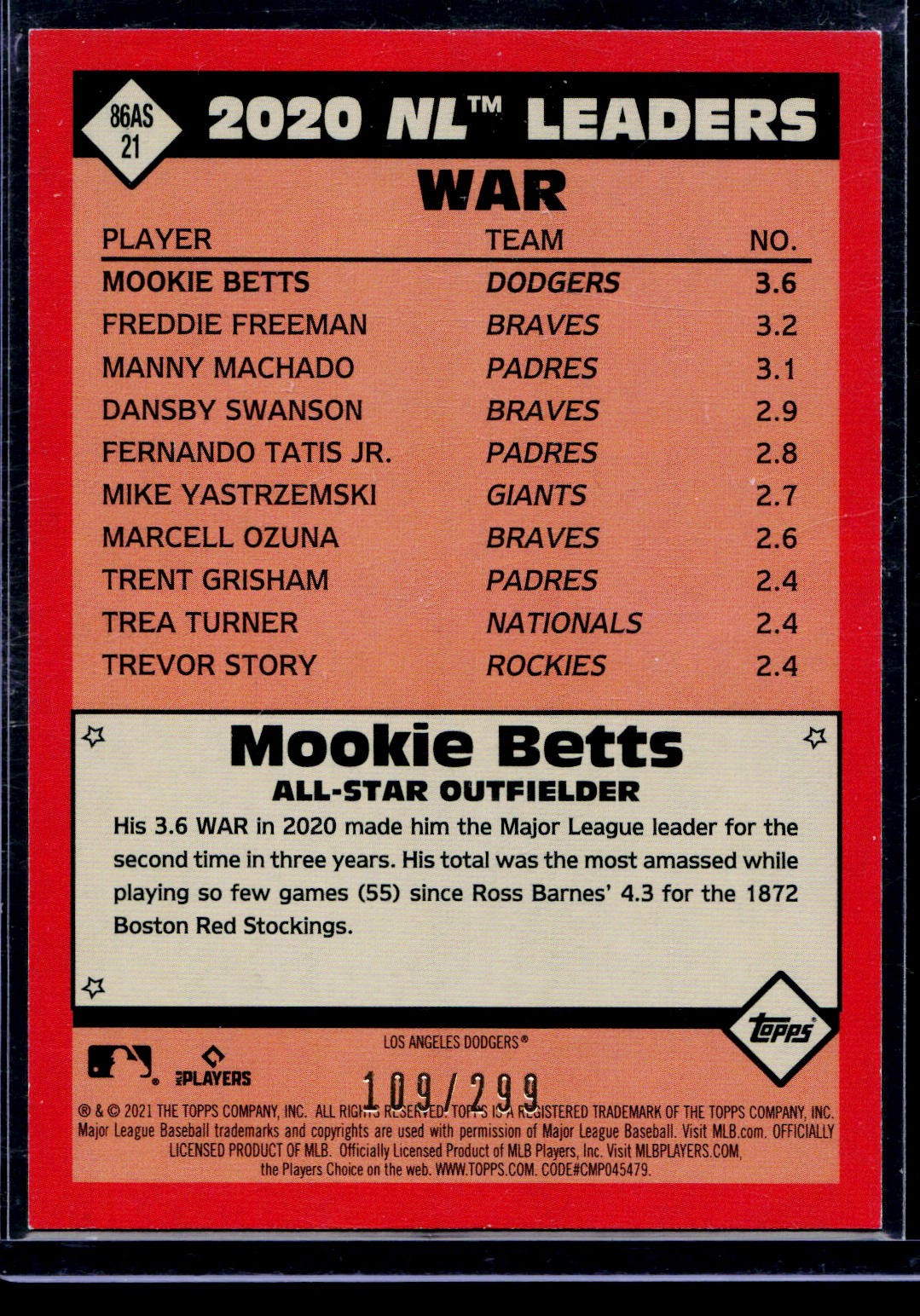2021 Topps #86AS-21 Mookie Betts 1986 Topps 35th Anniversary Black #/299