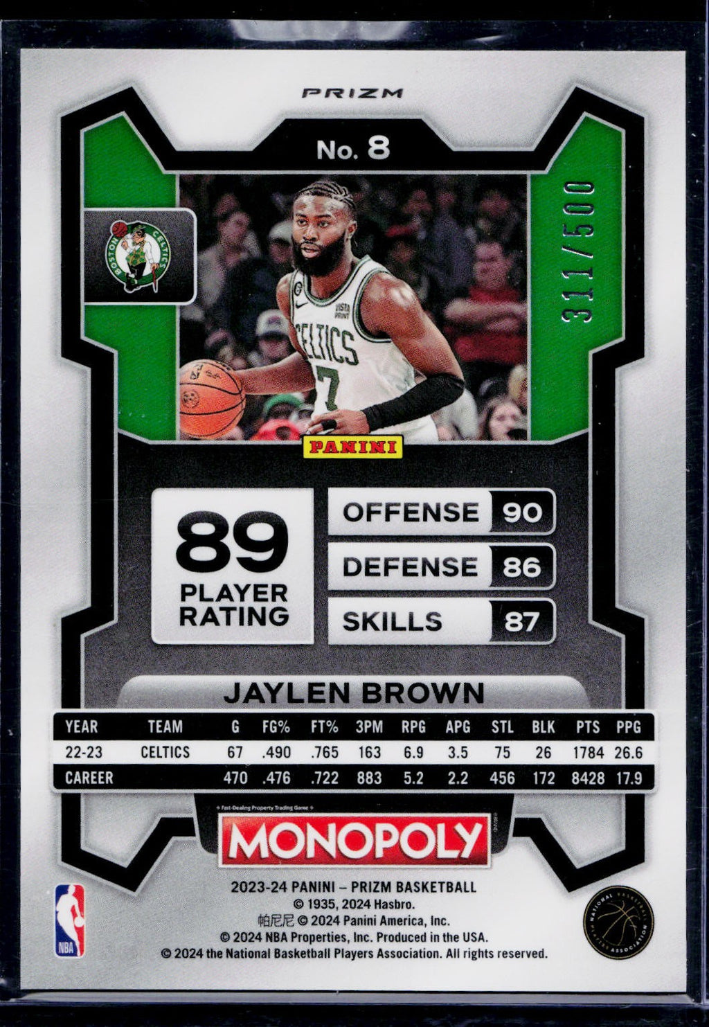 2023-24 Panini Prizm Monopoly #8 Jaylen Brown Gold Millionaire Shimmer #/500