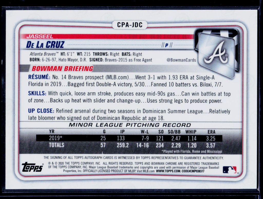 2020 Bowman #CPA-JDC Jasseel De La Cruz Chrome Prospect Autographs Speckle #/299