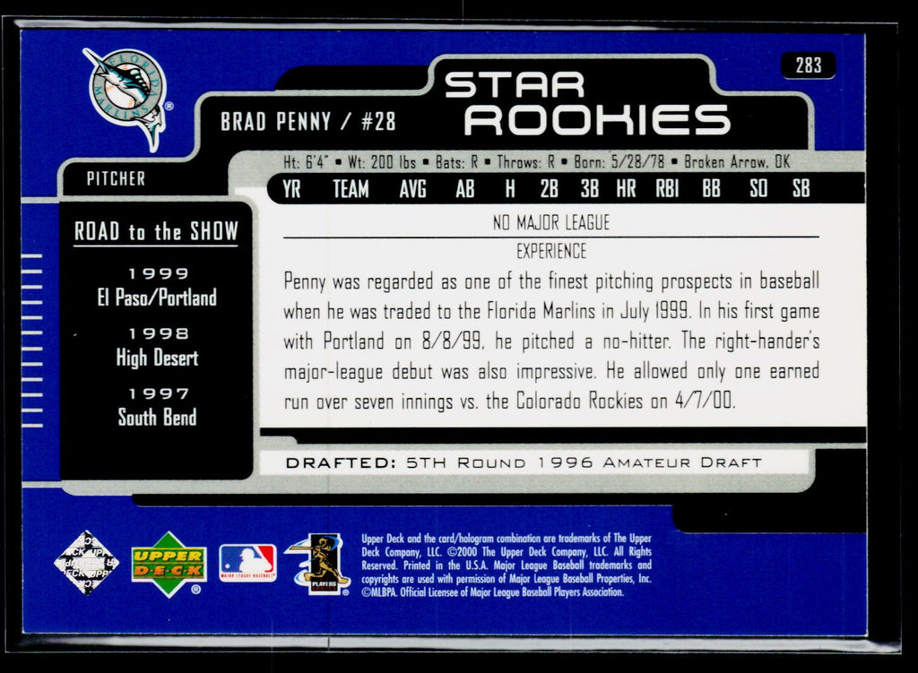 2000 Upper Deck Star Rookie Brad Penny #283 Auto