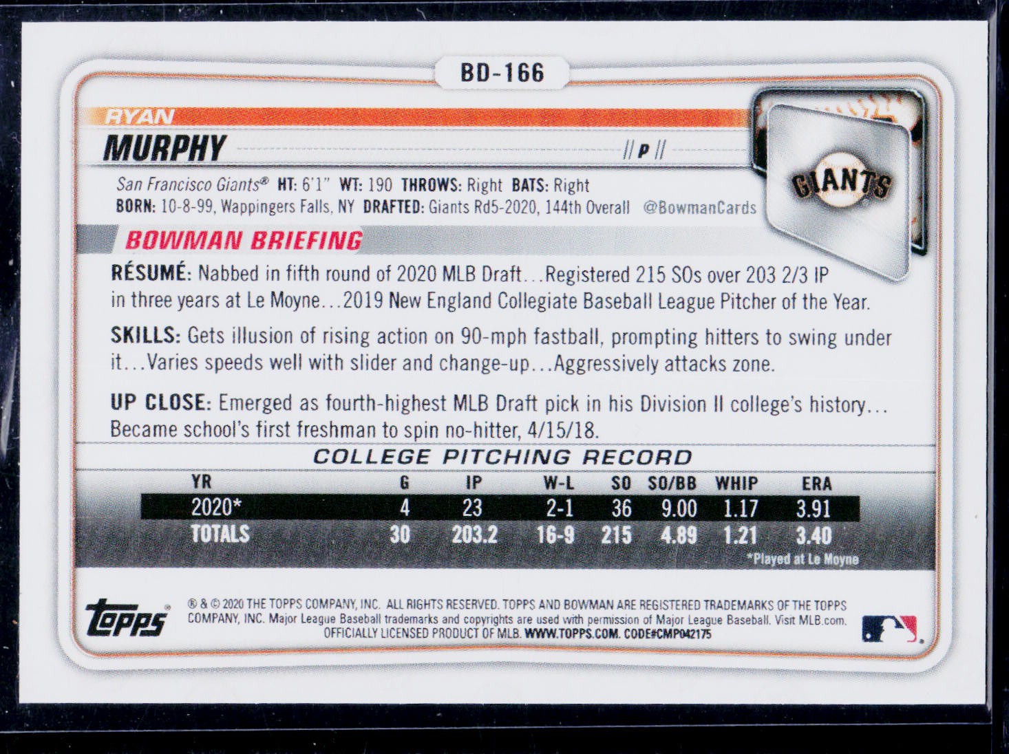 2020 Bowman Draft #BD-166 Ryan Murphy Chrome Sky Blue