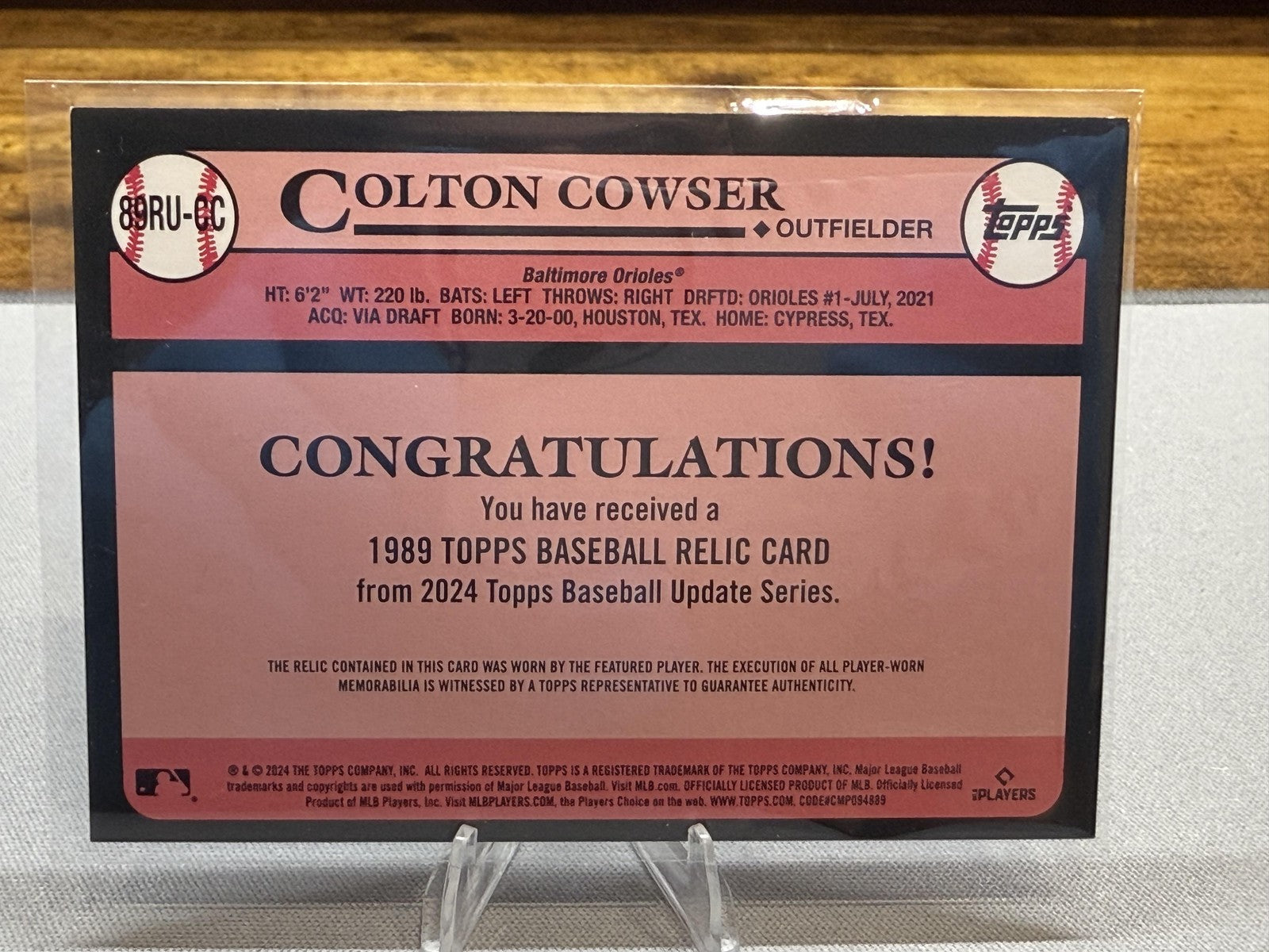 2024 Topps #89BA-CC Colton Cowser 1989 Topps Baseball 35th Game Worn Memorabilia