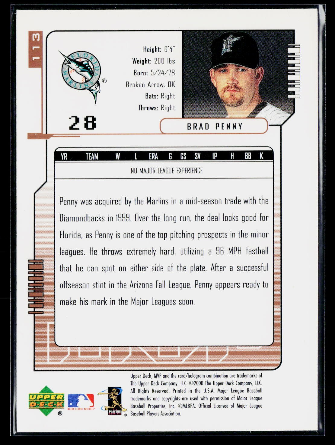 2000 Upper Deck MVP #113 Brad Penny Auto