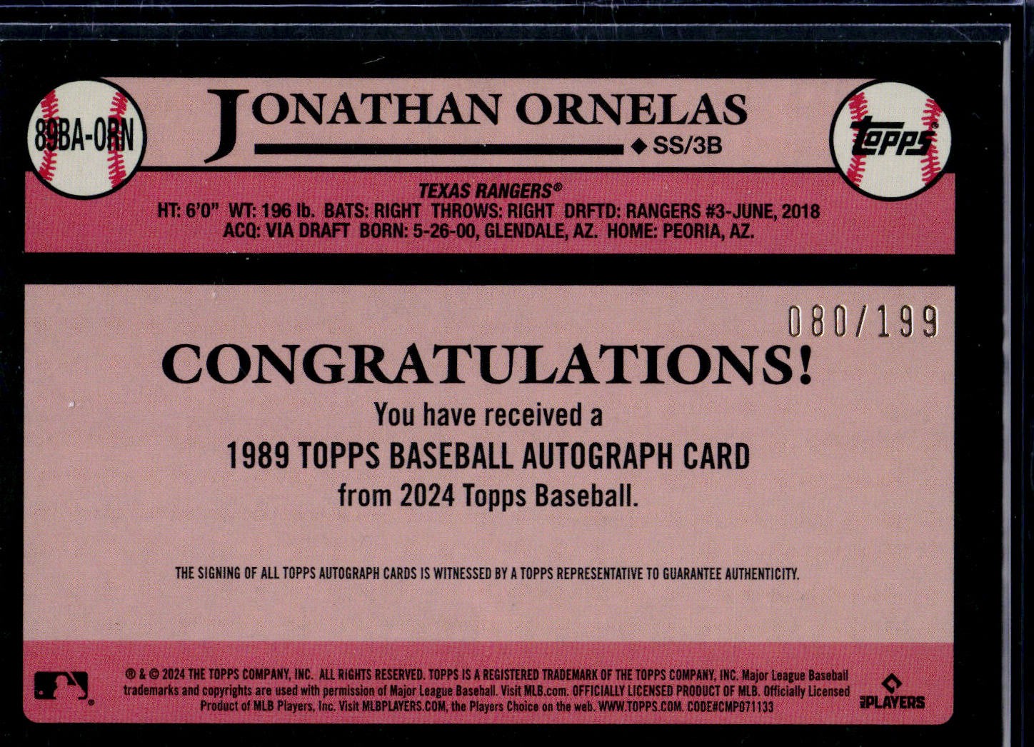 2024 Topps #89BA-ORN Jonathan Ornelas 1989 Topps /199
