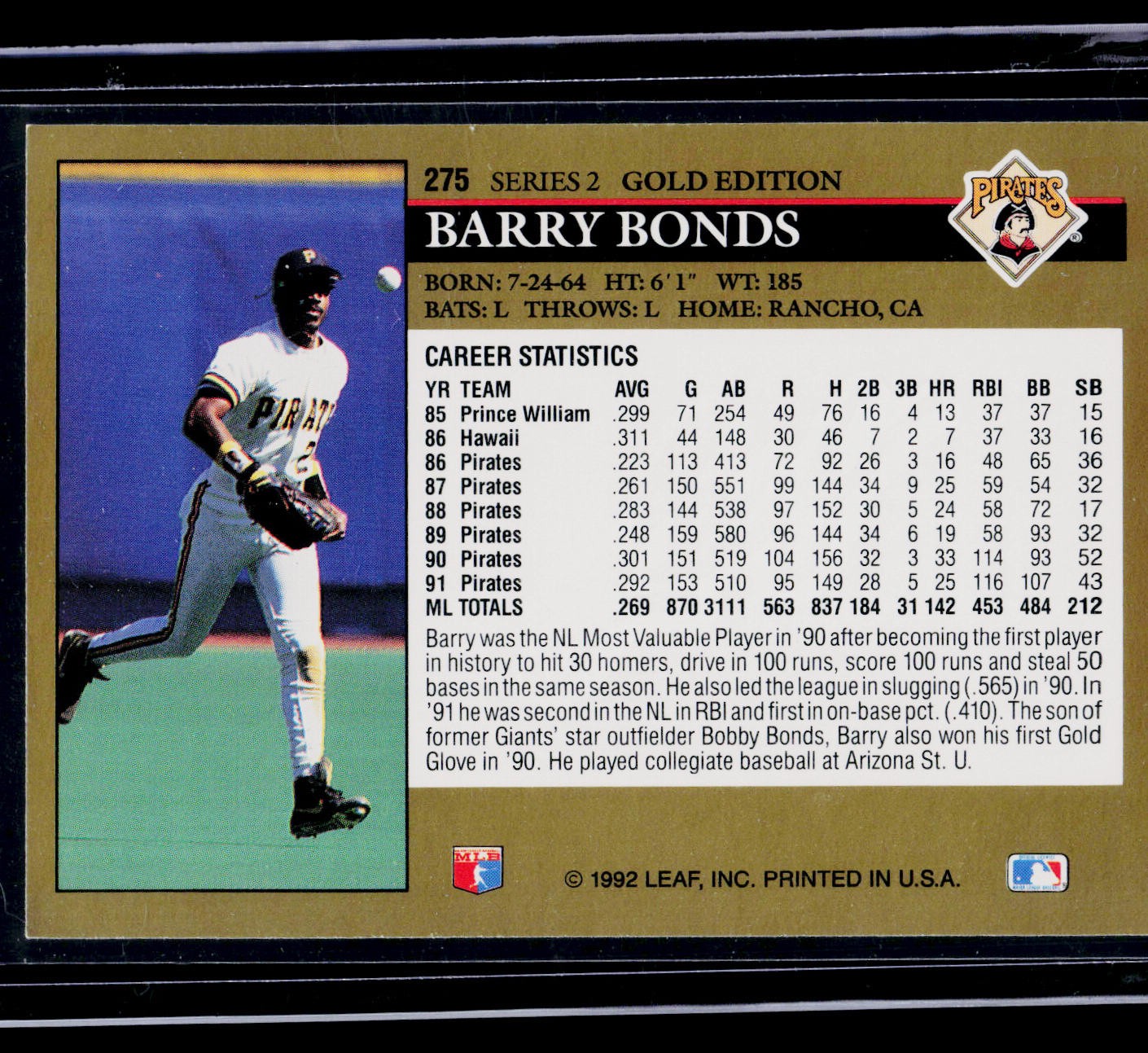 1992 Leaf #275 Barry Bonds Black Gold