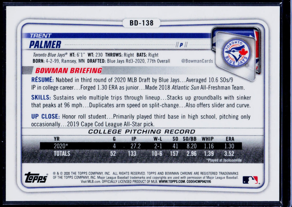 2020 Bowman Draft #BD-138 Trent Palmer Blue Chrome /150