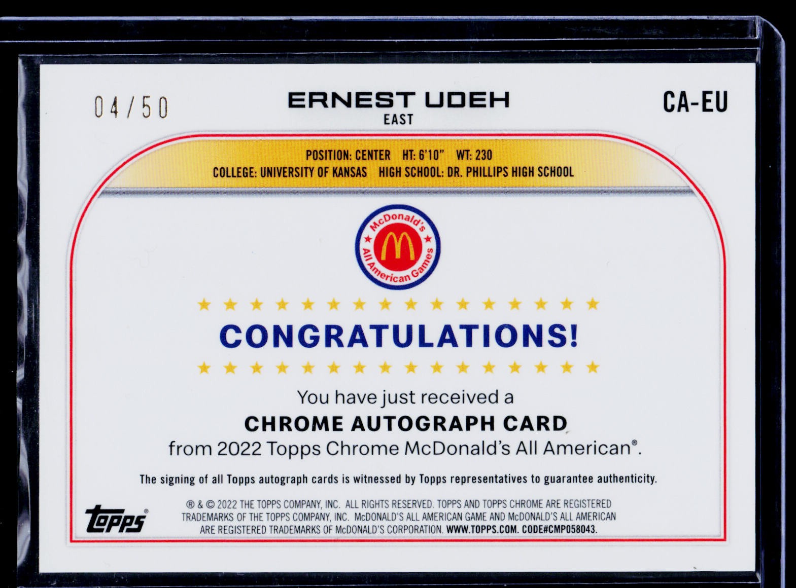 2022 Topps Chrome McDonald's All American #CA-EU Ernest Udeh Auto Gold #/50