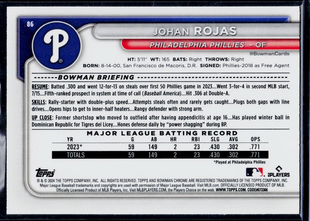 2024 Bowman #86 Johan Rojas Green Chrome Refractor 67/99