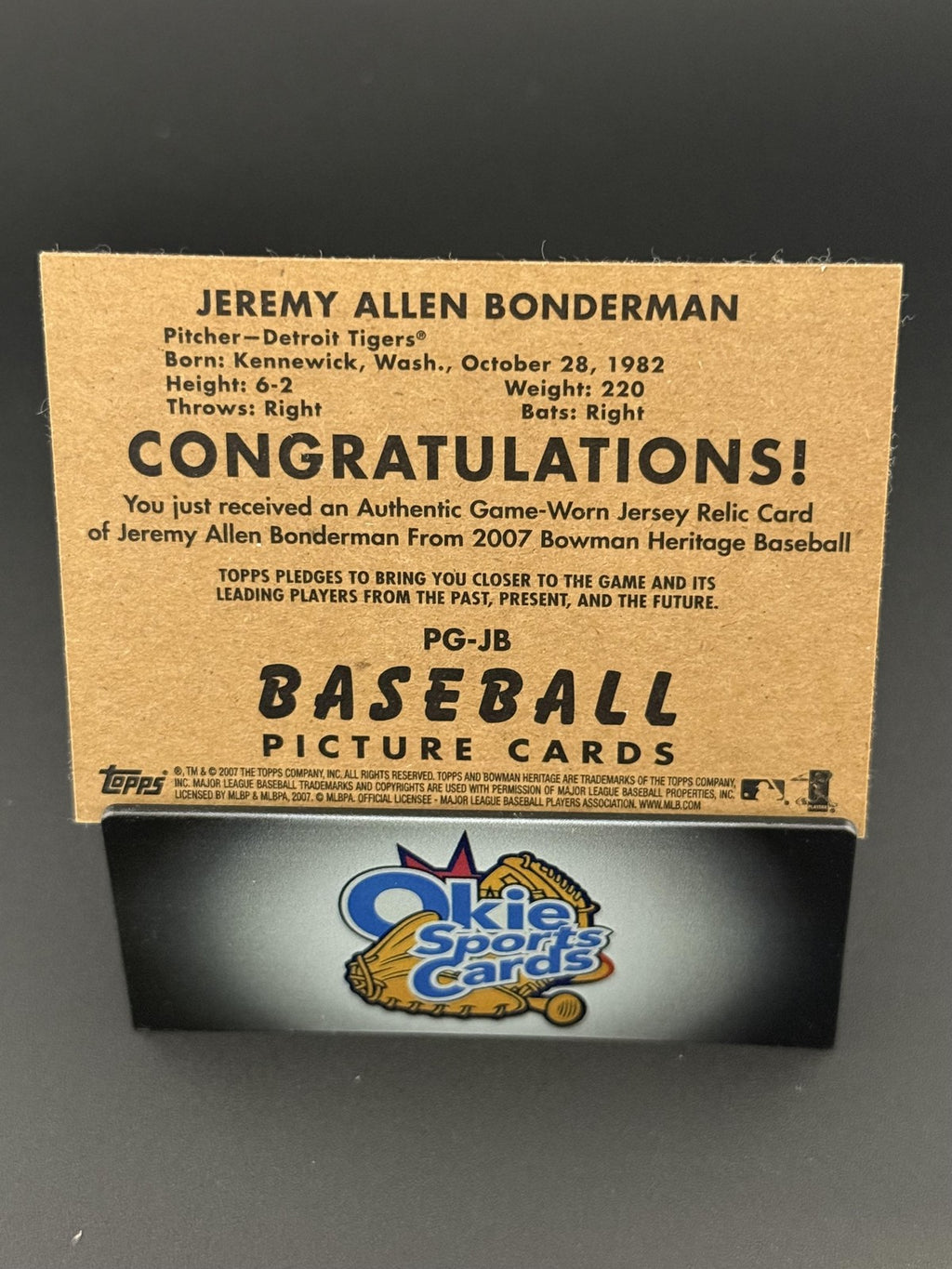 2007 Bowman Heritage #PG-JB Jeremy Bonderman Pieces of Greatness