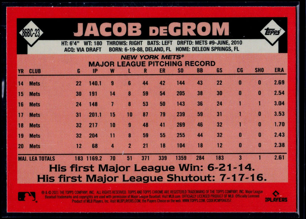 2021 Topps Chrome #86BC-23 Jacob deGrom 1986 Topps Baseball 35th Anniversary