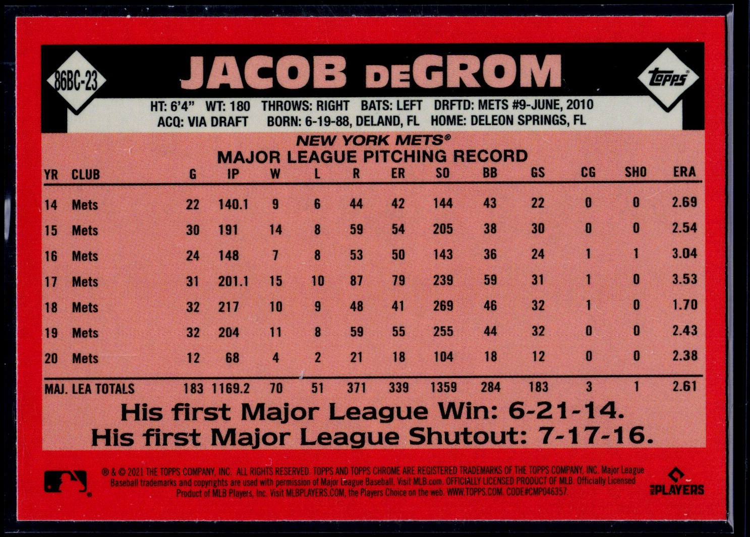 2021 Topps Chrome #86BC-23 Jacob deGrom 1986 Topps Baseball 35th Anniversary