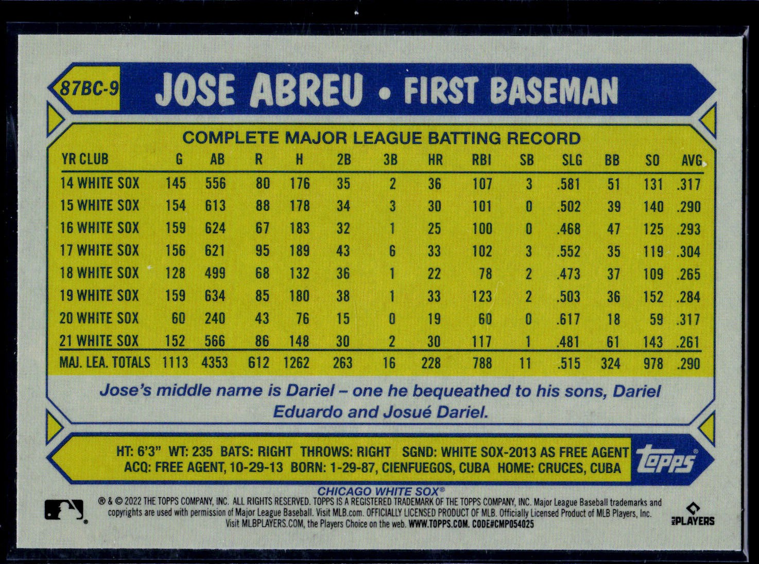 2022 Topps Chrome #87BC-9 Jose Abreu 1987 Topps Baseball 35th Anniversary